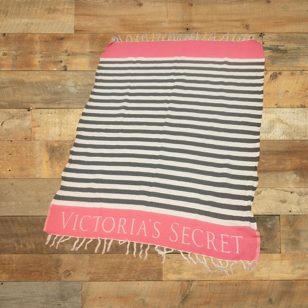 Victoria's Secret Striped Beach blanket Pink Gray White Tassel FringeBoho